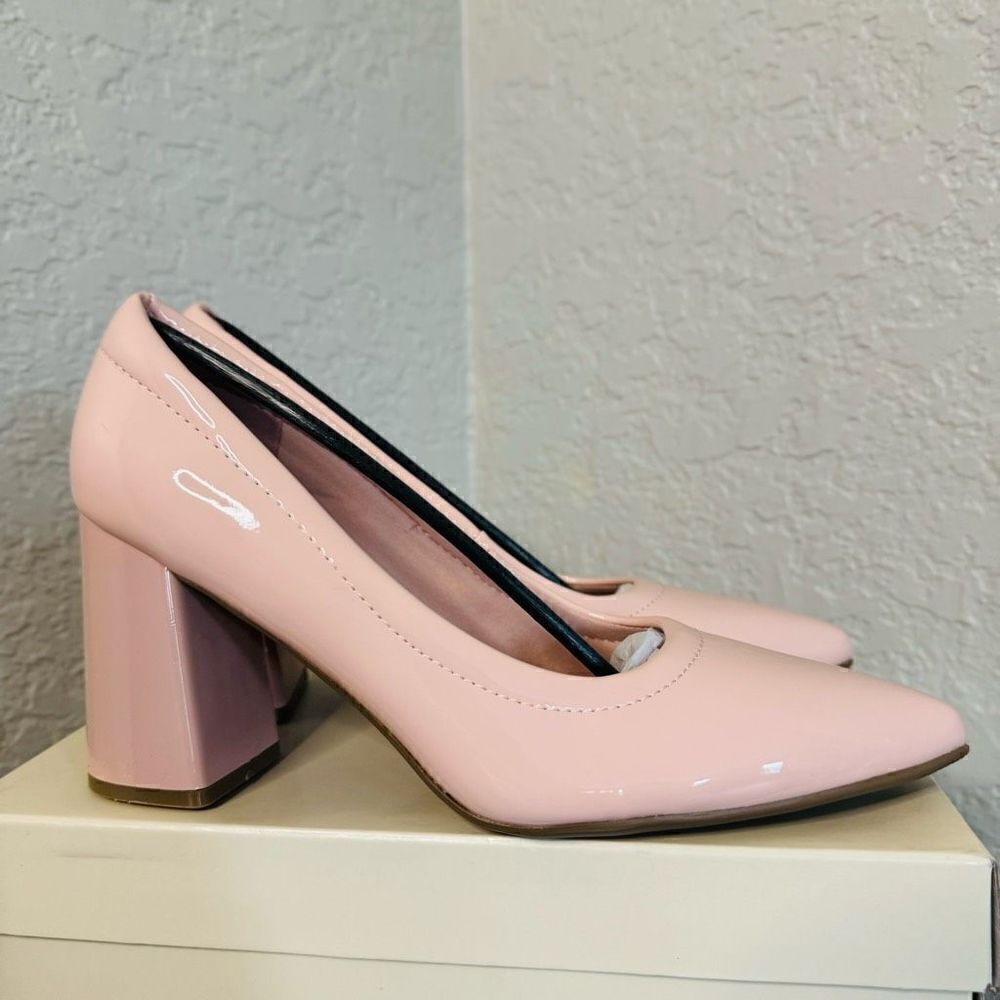 ANNE KLEIN Grazen Pointed Toe Pump Block Heel, Patent Leather Pink, 8.5, NWT - Picture 2 of 16